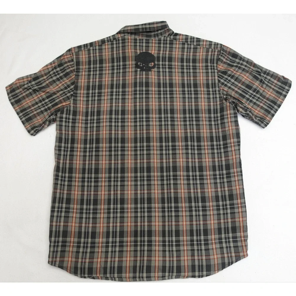 Harley-Davidson Shirt Mens M Gray Plaid Button Up H-D Performance Skull Back